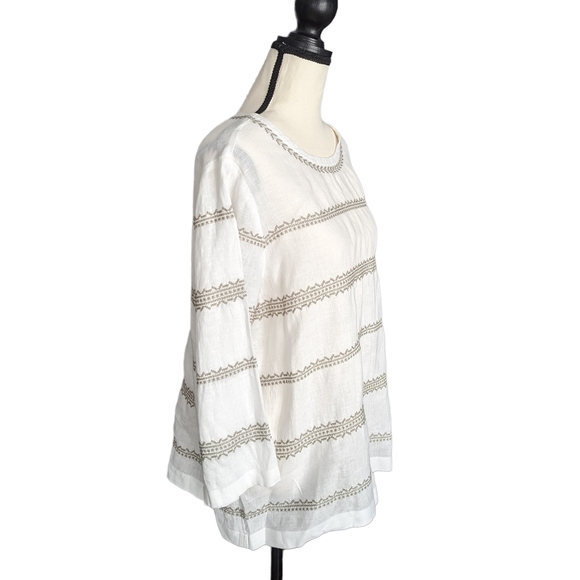 J Jill Love Linen Cross Stitch Casual Top White Sage Brush Size M - Picture 2 of 10